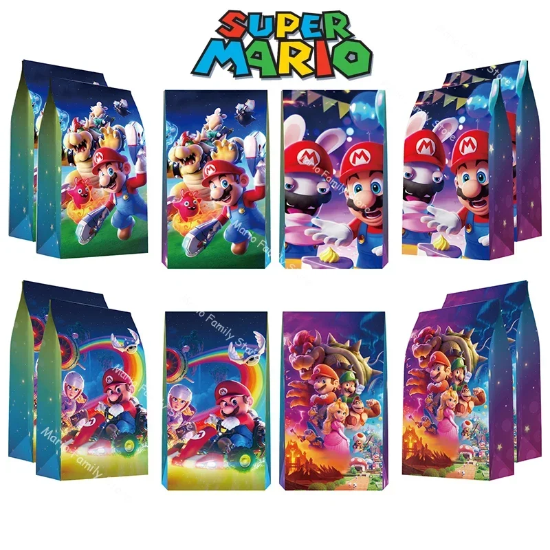 12pcs Super Mario Bros Gift Bag Anime Children Party Cookie Popcorn Box Portable Cute Large Capacity Candy Bag Party Decoration