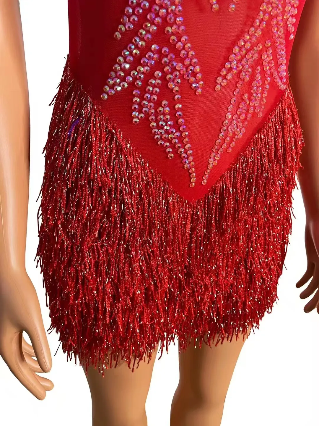 Abito da festa in rete rossa con frange di strass lampeggiantiDesign 2024 Cantante femminile Nightclub Dance OutfiPerformance Stage Show Wear A977
