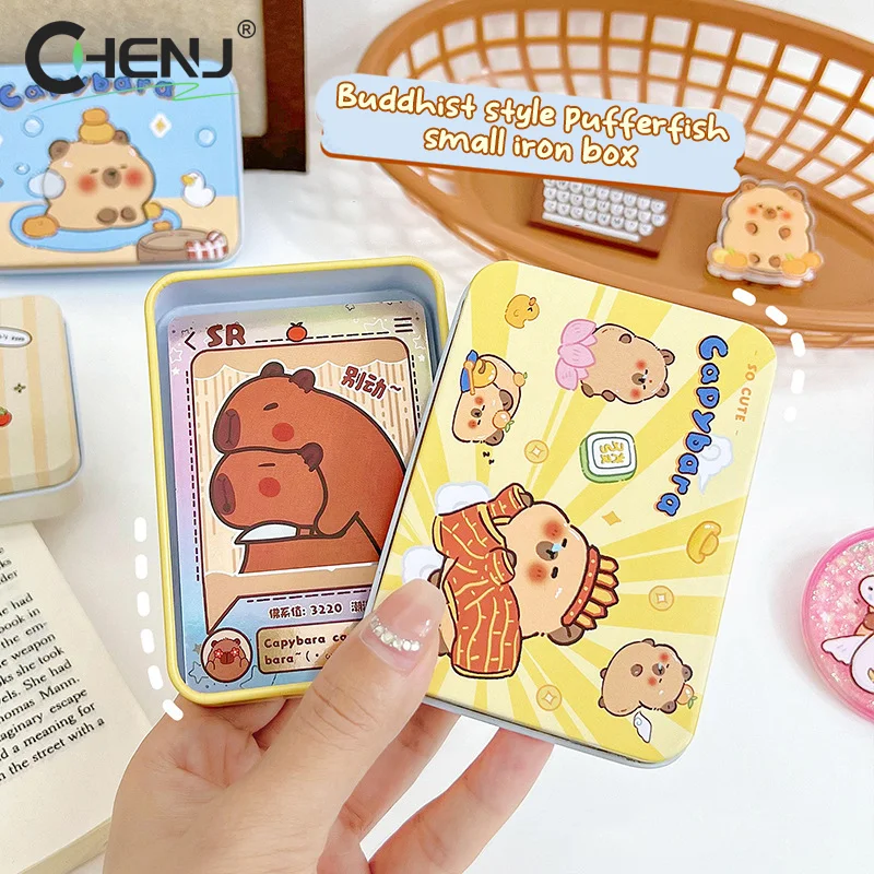 Kawaii Cartoon Capybara Card Storage Iron Box Photo Card Dustproof Box Cute Jewelry Hair Clip Small Box Creative Candy Box