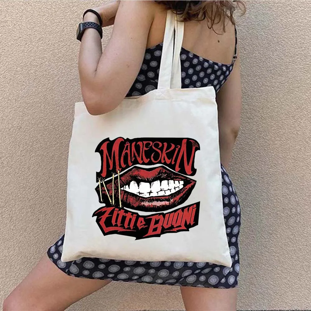 Maneskin Damiano David Mouth hombres mujeres escuela mensajero compras bolsas de mano de gran capacidad Casual lona hombro bolsos femeninos