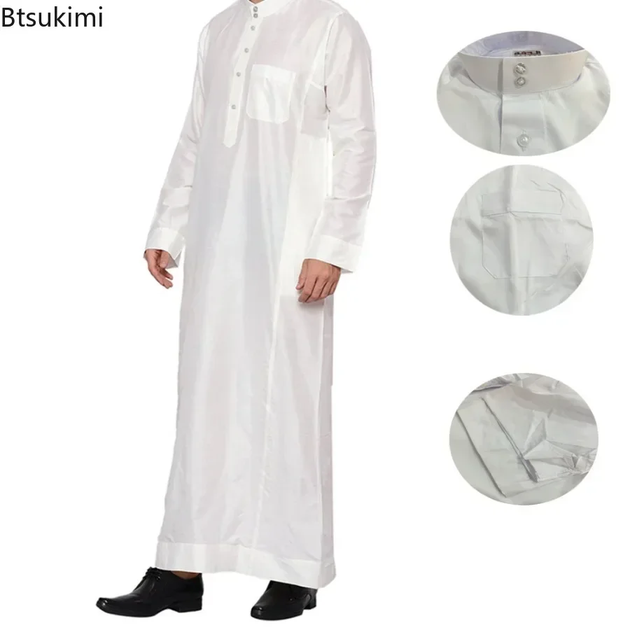 Nieuwe 2025 Moslim Hoge Kwaliteit Abaya mannen Lange Mouw Stand Kraag Kaftan Gewaad met Pocket Ontwerp Pakistan Arabische Mannen jubileum Thobe