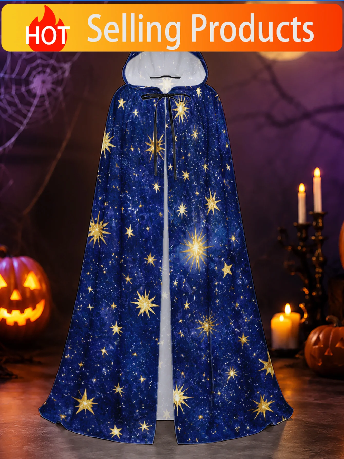 1pc, Halloween Wizard Robe and Christmas Elf Cape with Starry Night Sky Elements, Long Polyester Hooded Cloak for Men and Women,