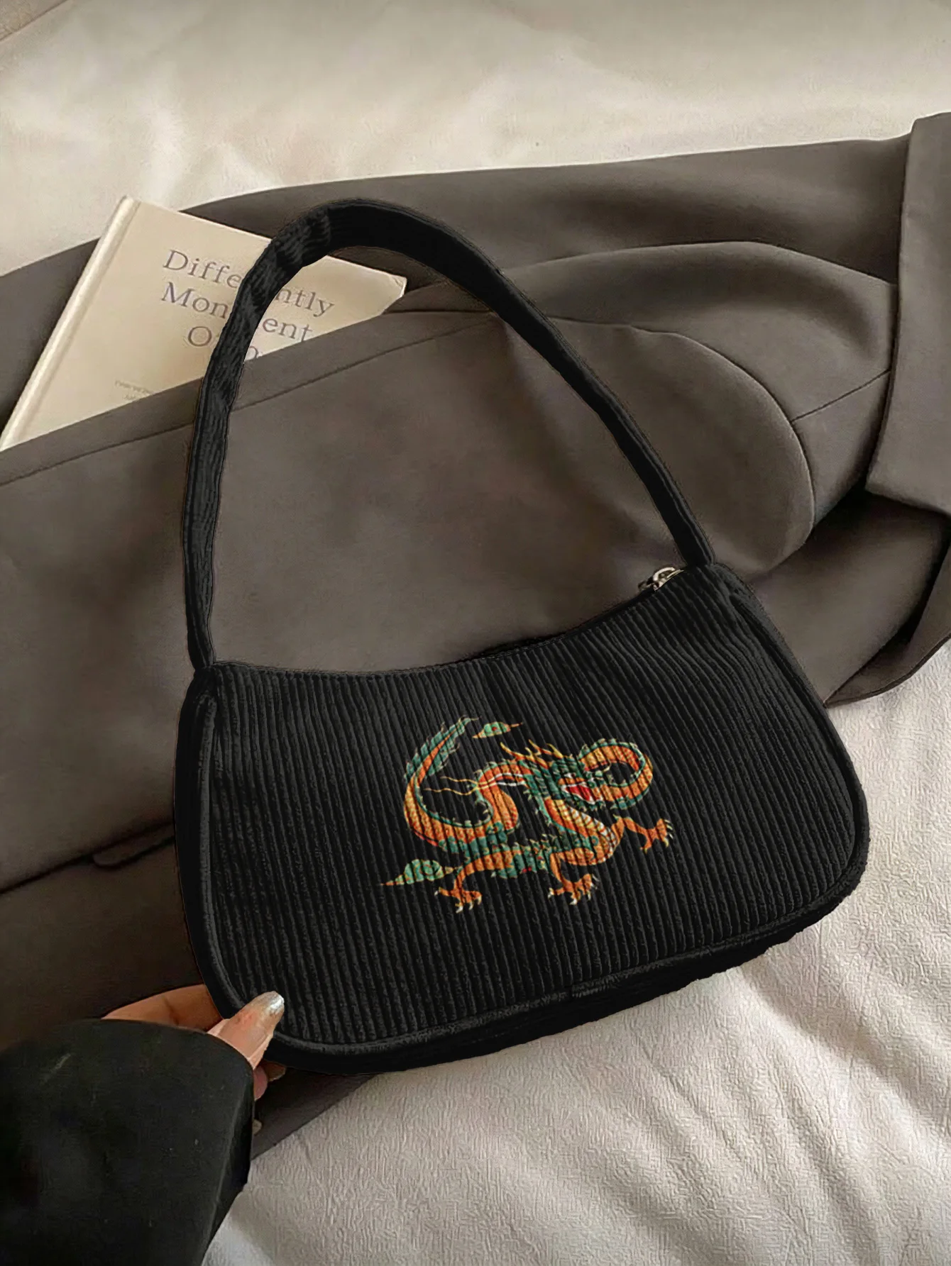 Trendy Traditional Chinese Dragon Print Shoulder Bag, Black Corduroy Underarm Bag for Daily Casual Use