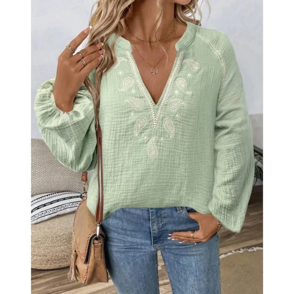 

Fashion Design V-neck Embroidered Cotton Tops For Women's Spring Autumn New Casual Loose Simple Versatile Holiday Tops Female