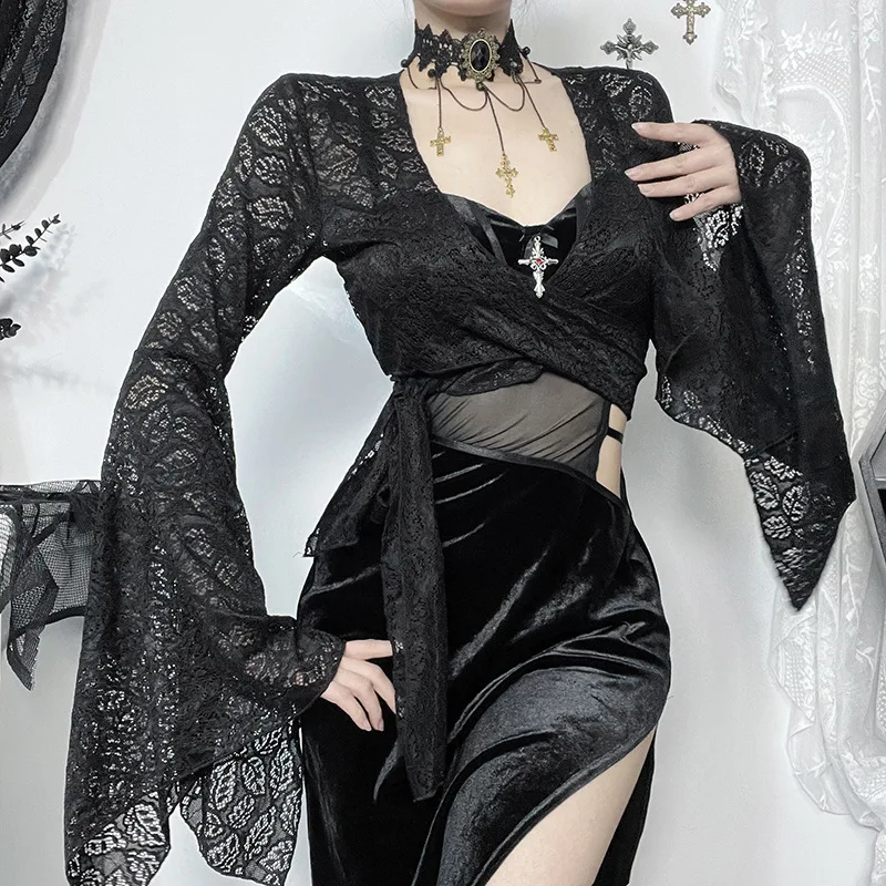 Goth Dark Techwear E-girl Cropped Coat Mall Gothic Flare Sleeve Bandage Short Coats Grunge Lace Sexy Sheer Shrug Tops Alt Goth