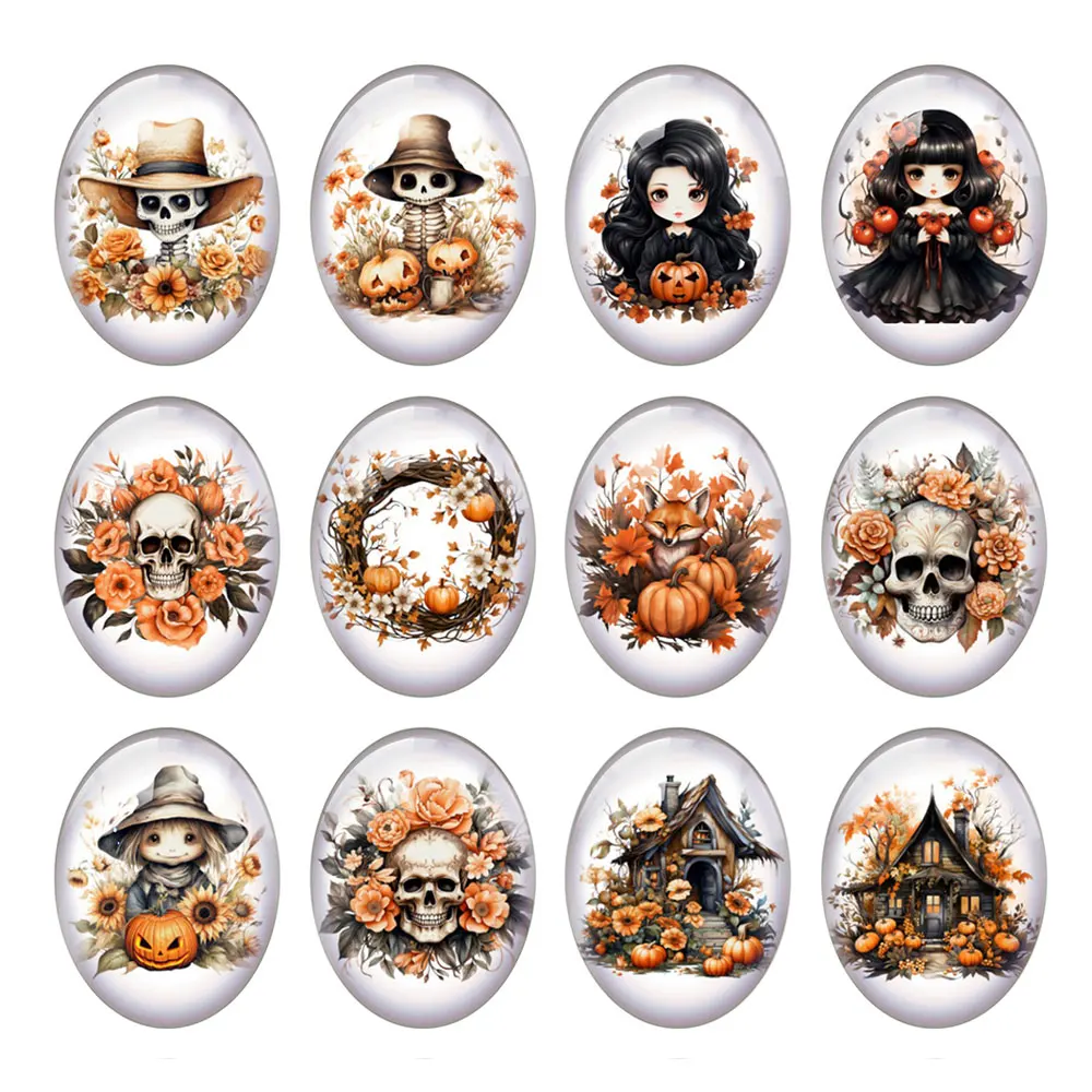 10pcs/lot Halloween Flower Skull Pumpkin Boo Ghost Hunting Oval Photo Glass Cabochon Flatback Demo Cameo Diy Jewelry Making