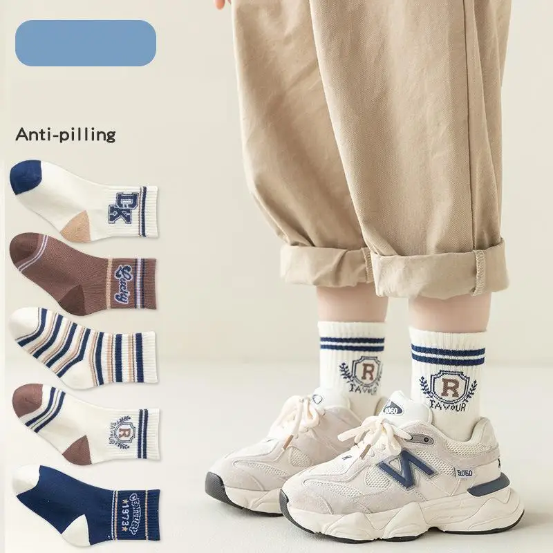 2024 Spring Fashion Boy Children Letter Print Breathable Sports Socks Girl Baby Cute Striped Cotton Socks Kid Casual Mid Socks