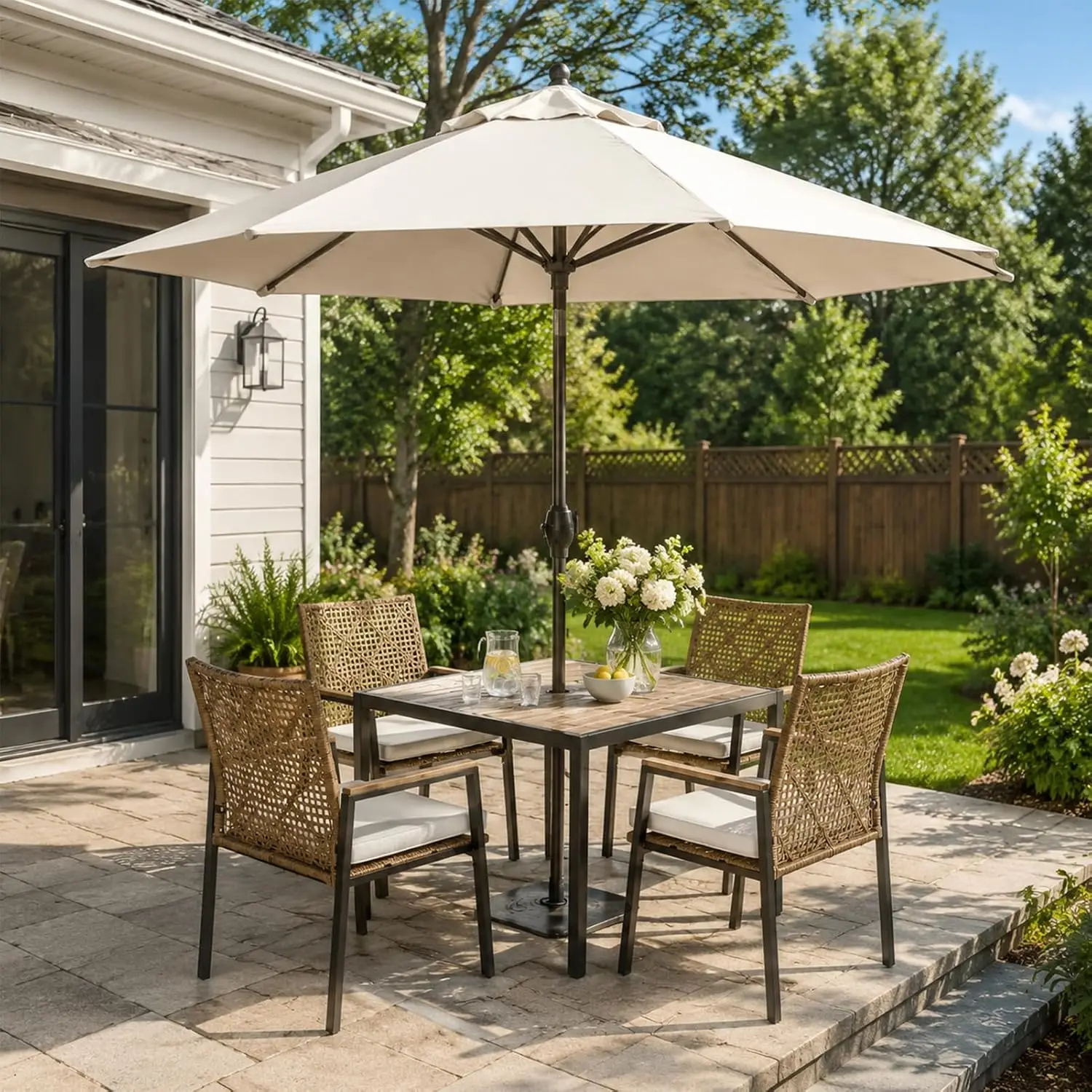 5 Piece Rattan Patio Set with Acacia Wood Table & Umbrella Hole 4 Padded Armrest Chairs for Outdoor Garden Balcony, Customized