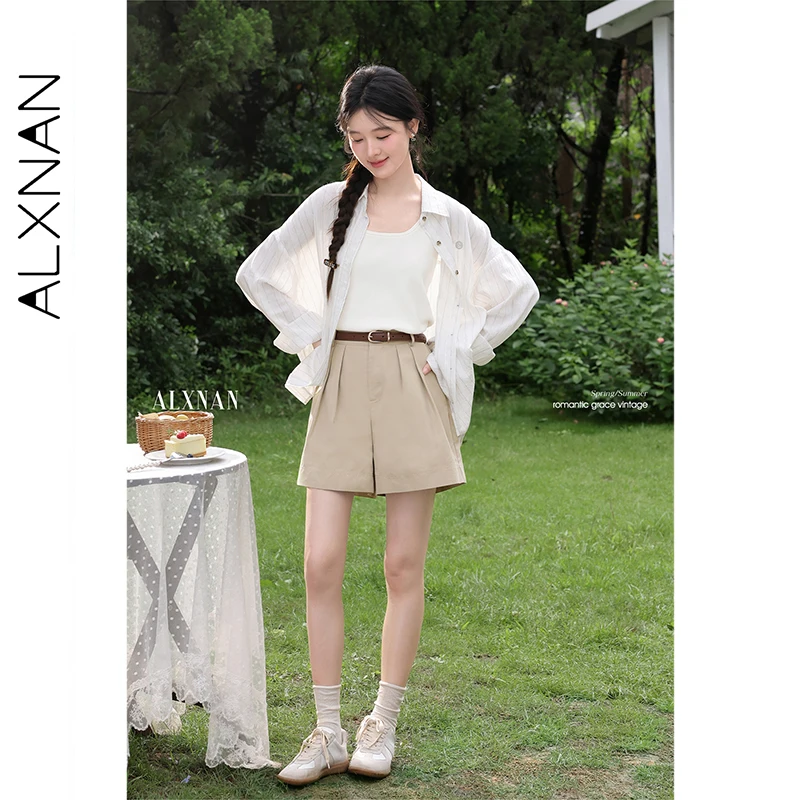 ALXNAN Kemeja Bergaris Kasual Tabir Surya Kasual Lengan Panjang Blus 2025 Musim Panas Elegan Longgar Liburan Pakaian Wanita L56567