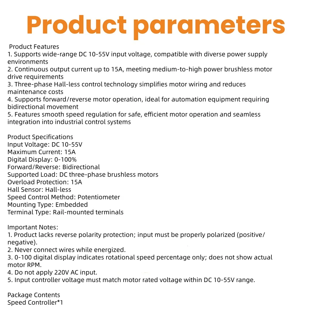 

Контроллер скорости двигателя постоянного тока ШИМ 10-55 В 15 А бесщеточный трехфазный датчик Холла без вперед и назад для промышленной автоматизации
