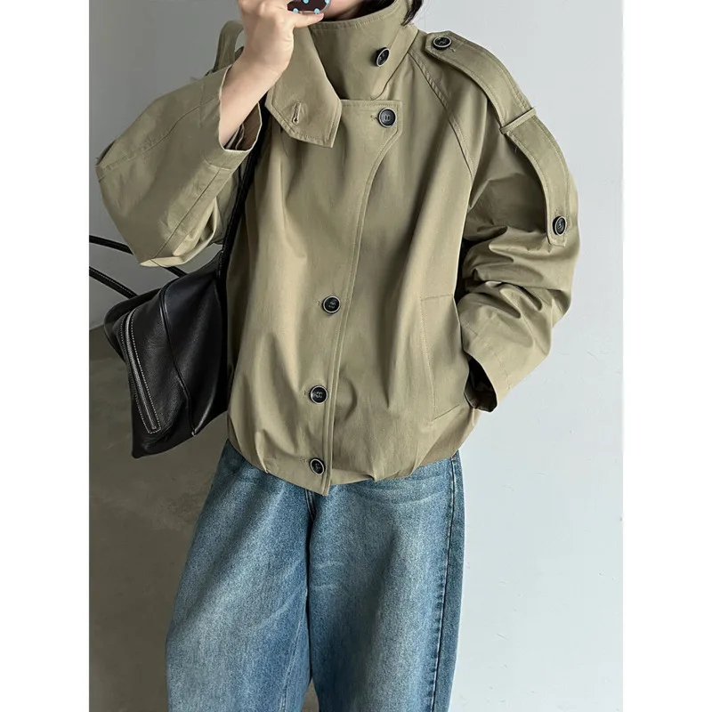 Double-Layer Stand Collar Short Jacket Women Autumn Korean Turn-Down Collar Loose Casual Coat