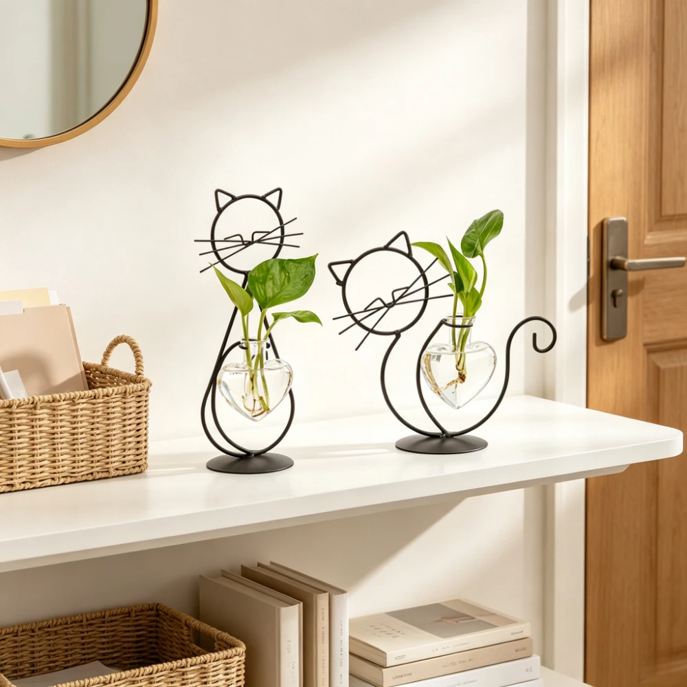 Creative Cat Metal Frame Heart Shaped Glass Vase Transparent Hydroponic Planter Home Office Tabletop Decoration