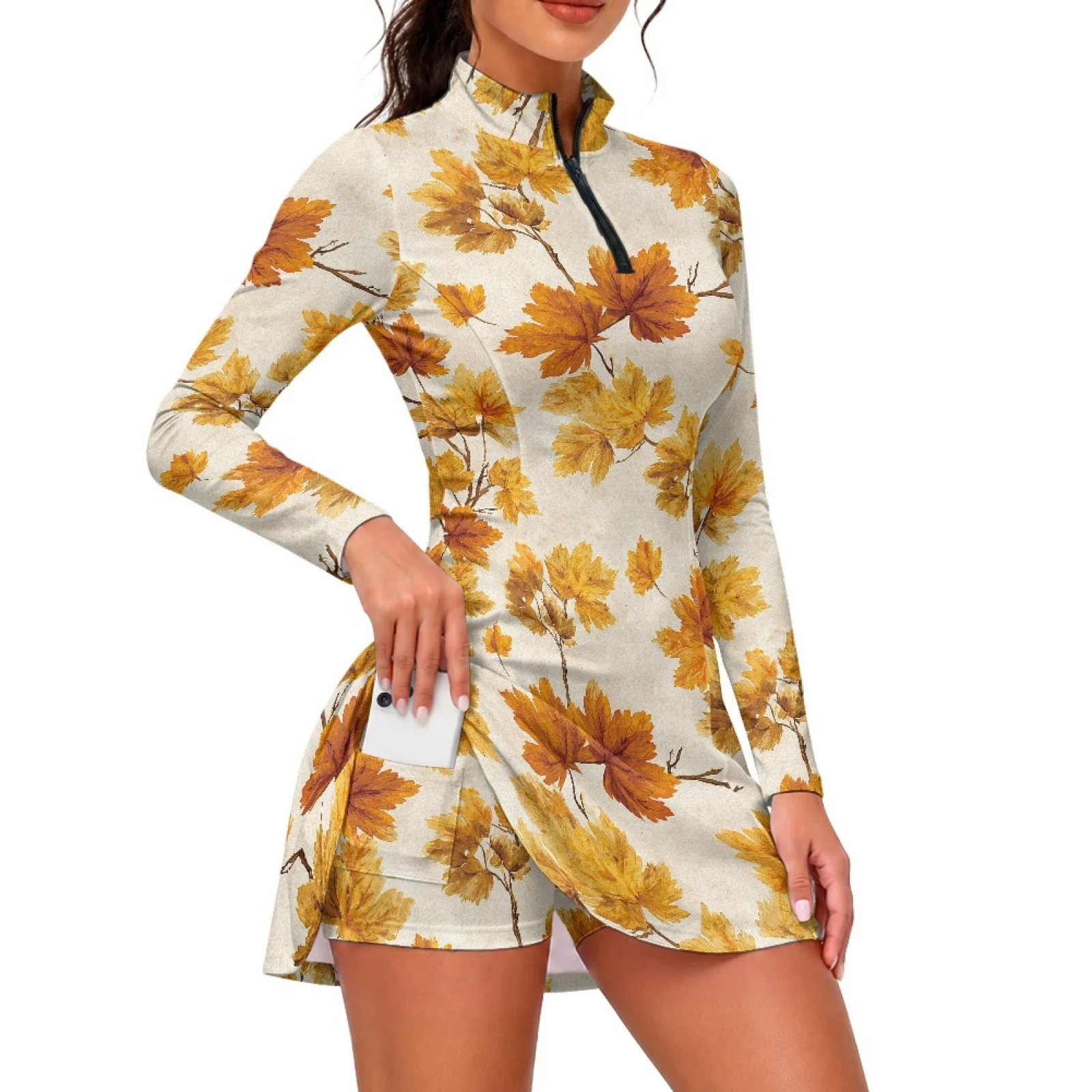 PENSTROLL 1/4 Zip Collar Womens Long Sleeve Tennis Golf Dress, Two Piece Set Quick Dry Fabric for Golf Workout Autumn Maple