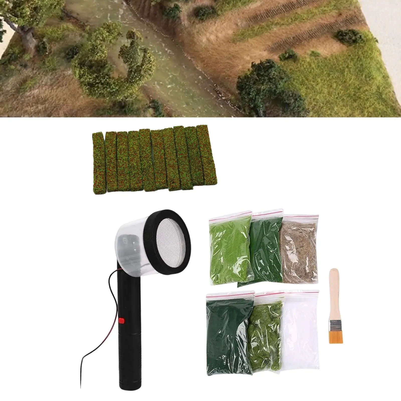 Static Grass Flocking Machine Hand Tool Portable Kit with Bushes for DIY Micro Landscape Sand Table Model Railway Decor