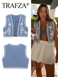 TRAFZA Women Fashion Floral Embroidery Vest Blue Open Stitch Short Tank Top Woman Casual Vintage Outerwear Street Female Tops