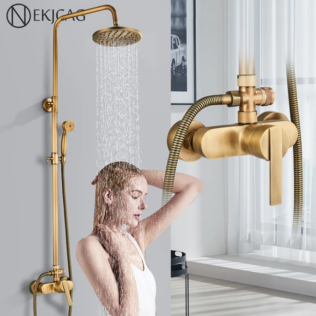 Juego de ducha de bano de laton antiguo mezclador de agua fria y caliente con ducha de mano de laton grifo de ducha de lluvia montado en la pared grua AliExpress