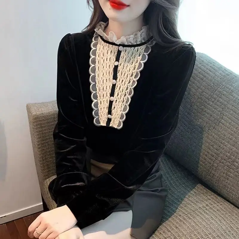 

Модная золотая бархатная кружевная базовая рубашка с длинными рукавами, женский топ, стильная маленькая рубашка