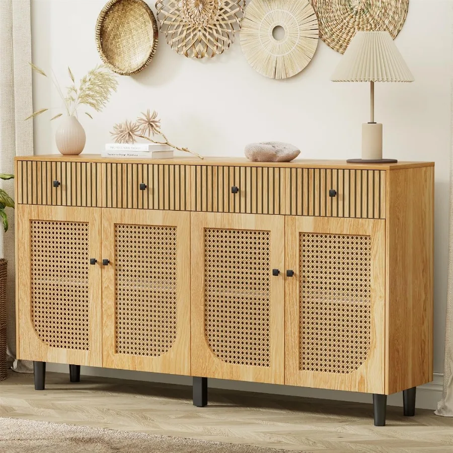 63'' Sideboard Buffet Cabinet with Storage, Large Coffee Bar Cabinet, Boho Rattan Fluted Sideboards with 4 Drawers, Accent Cred