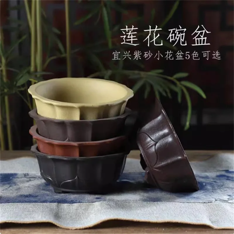 Ceramic Chinese Bonsai Pot, Lotus Shape, 5 Color,Round Flower Pot, Home Decoration