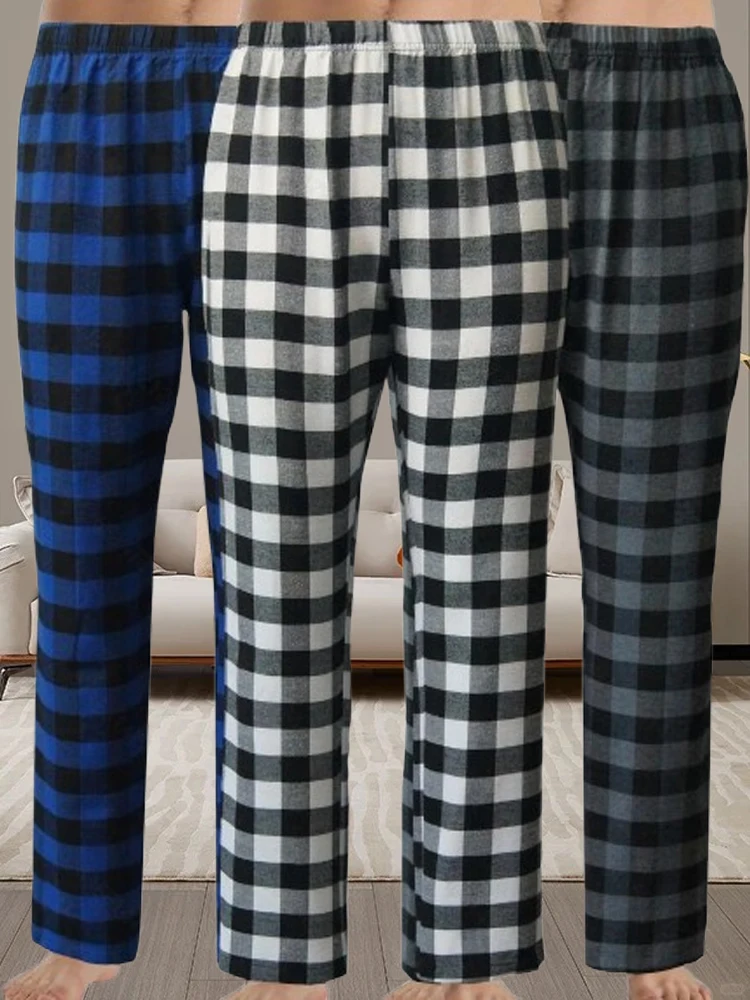 Men\'s plaid pajama pants home leisure loose straight pants comfortable leisure home three pairs of pants