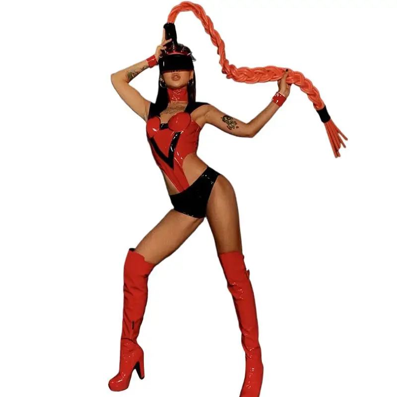 Bar Nightclub DJ Singer Sexy Stage Costume Red Long Braid Patent Leather Bodysuit Rivet Wig Headgear Rave Party Show Dance Wear