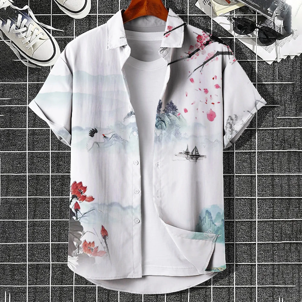 Camisa de manga curta masculina, camisa grande solta, top retrô estampado em 3D, casual wear, conforto, todos os dias