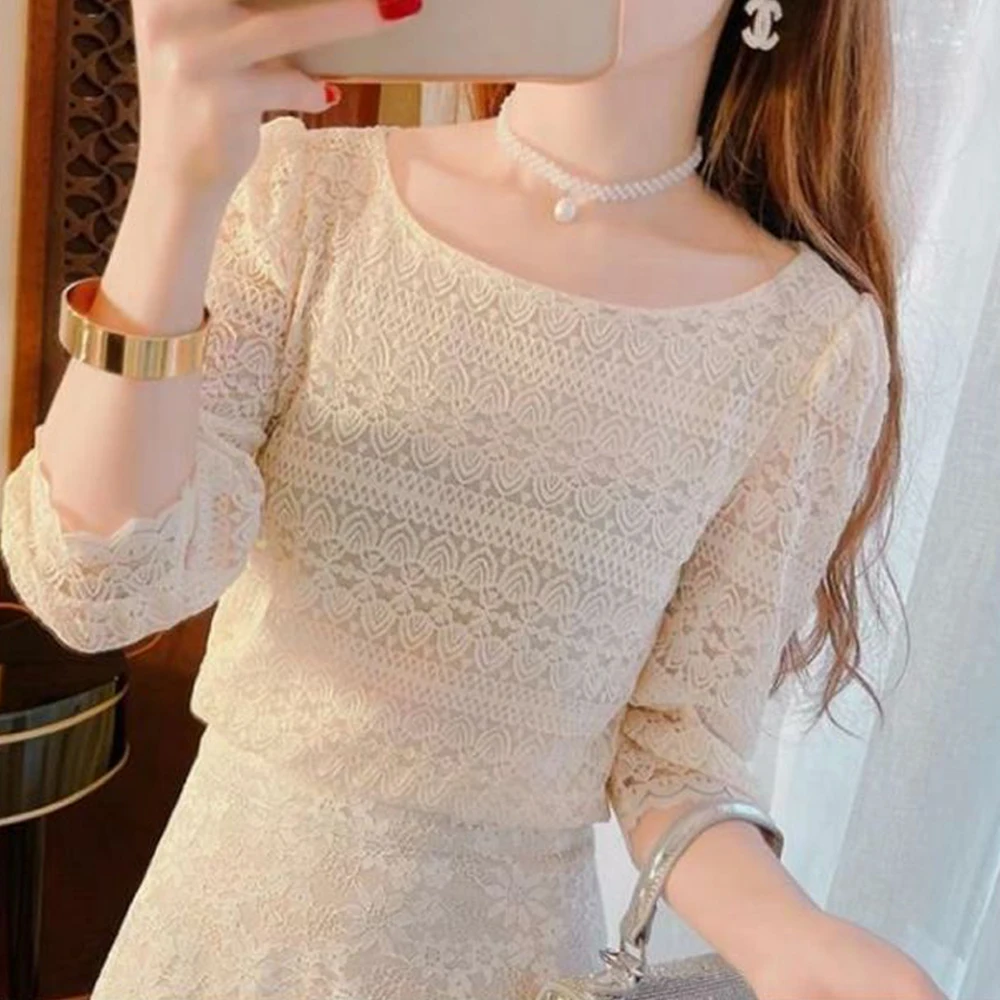 

Square Collar Half Sleeve T Shirt Women Sexy Hollow Out Knit Shirts Black Slim Crochet Patchwork Tee Tops Lady Lace Blouse S-3XL