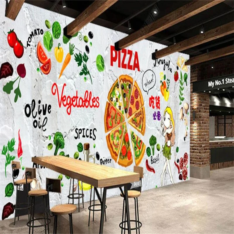 

Hand-painted Western Pizza Burger Fast Food Graffiti Industrial Decor Custom Mural 3D Photo Wall Paper Self-adhesive Wallpaper