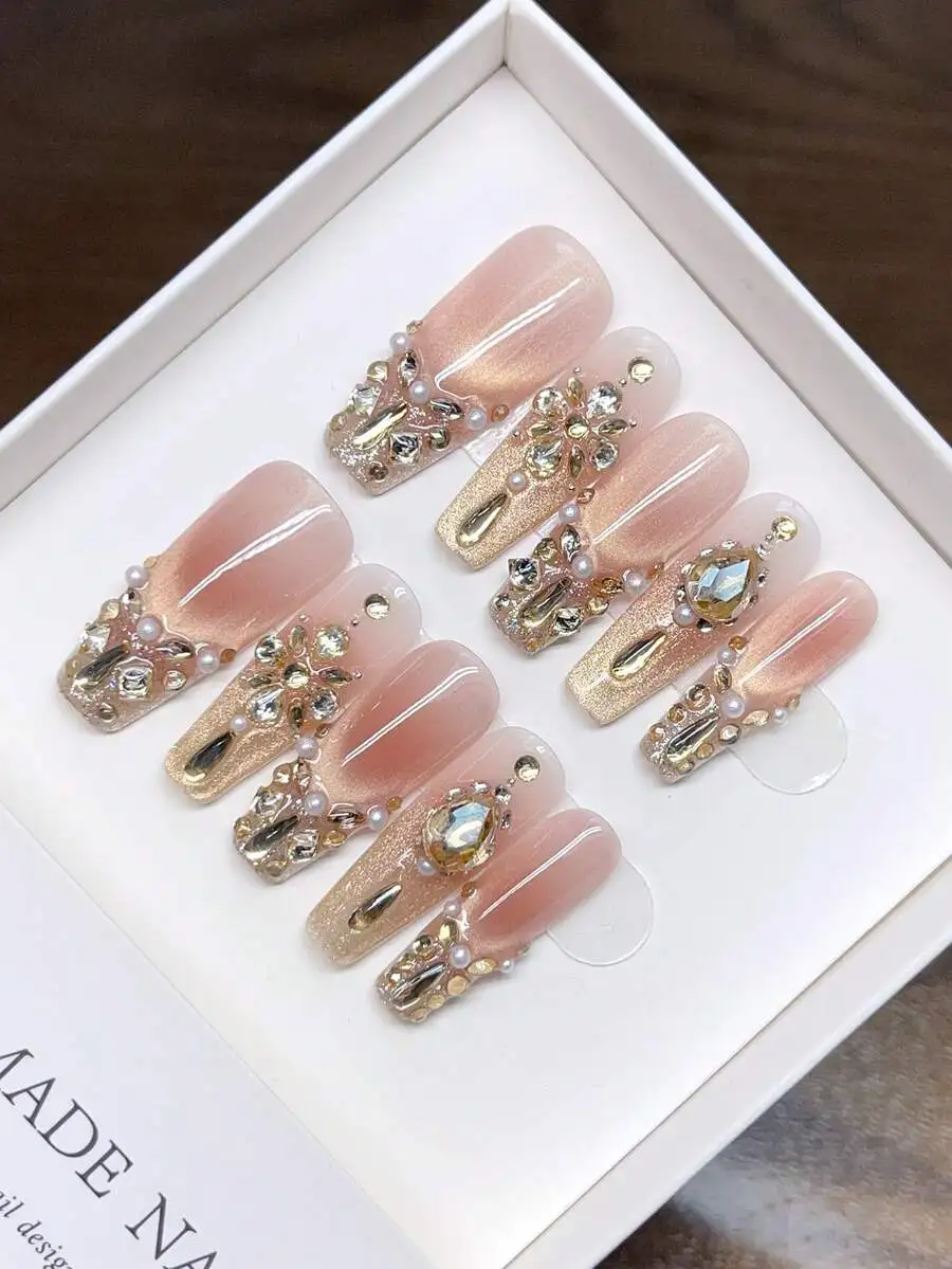 Handmade Coffin Press On Nails With Cat Eye Effect Rhinestone Pearl Embellishment Full Coverage Fake Nails