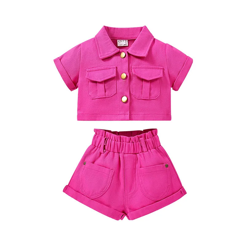 Girl\'s Summer Segment Suit Toddler Fashion Lapel Pocket Top + Denim Shorts 2 Piece Set 2-7Y European and American Trend