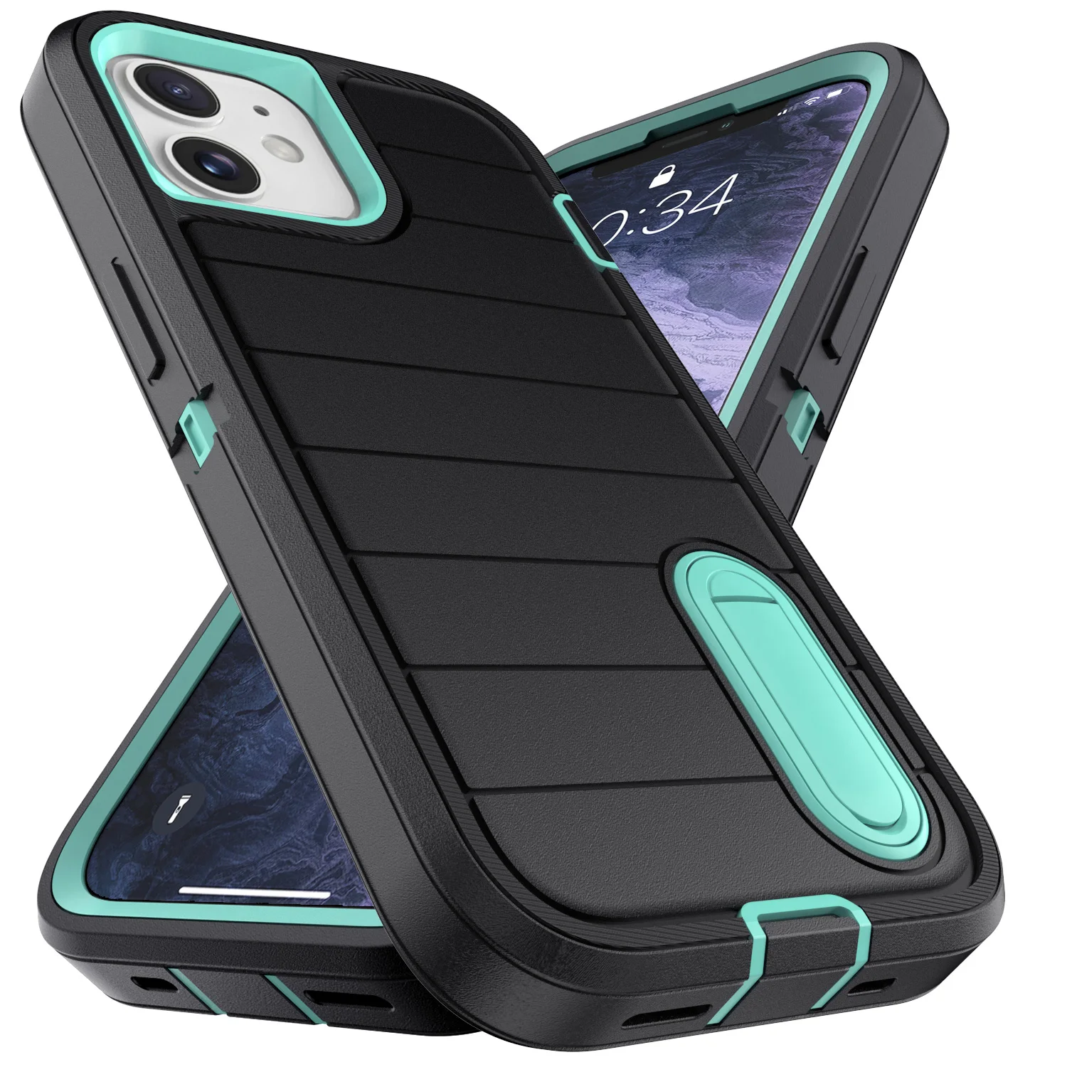 

Чехол для iPhone 11, 3-слойный, прочный, сверхпрочный, защитная подставка, гибридный телефон, жесткий чехол, черный, зеленый