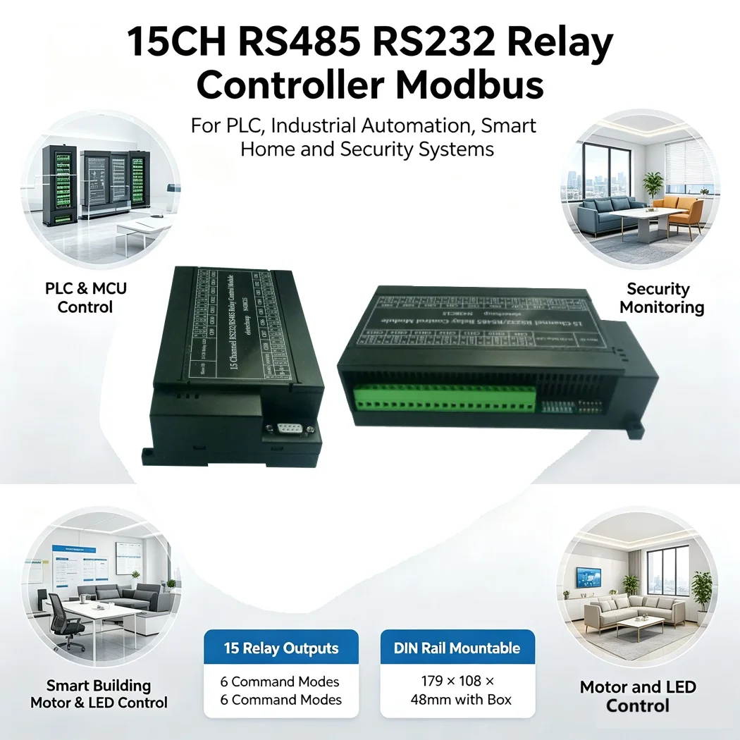 8 Channel Modbus Relay Module DC12V 24V 10A 6Commands 255s Delay DIN Rail Box for PLC MCU Serial Control