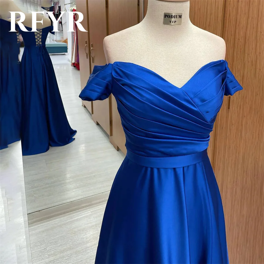 RFYR Blue Long Party Dresses Beach Sexy Night Dresses with Pleats Satin Off The Shoulder Celebrity Dresses vestidos de fiesta