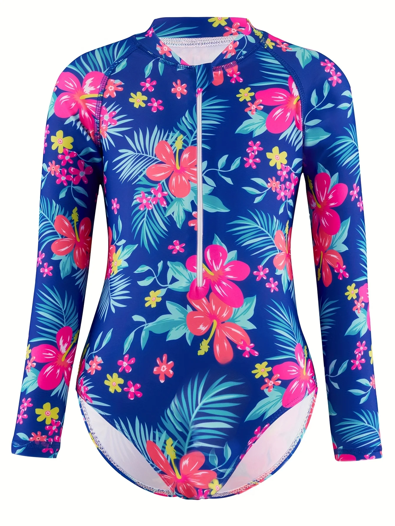 Girls Tropical Hibiscus Floral  Long Sleeve Swimsuit Zipper Front Quick Dry Bathing Suit for Beach Pool Vacation