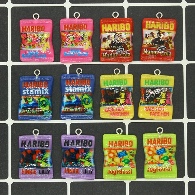 Dijes de resina europea para dulces, 10 piezas, bolsa de embalaje de aperitivos de azúcar de simulación, colgantes planos para pendientes, fabricación de joyas