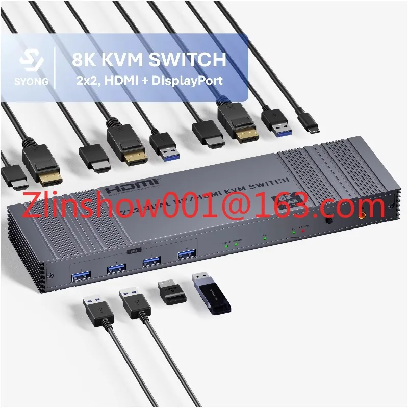 8K HDMI DisplayPort KVM Switch for Two Computers, Dual Monitors, DP 1.4 HDMI 2.1 USB 3.0 4K 144hz High Refresh Rate Gaming