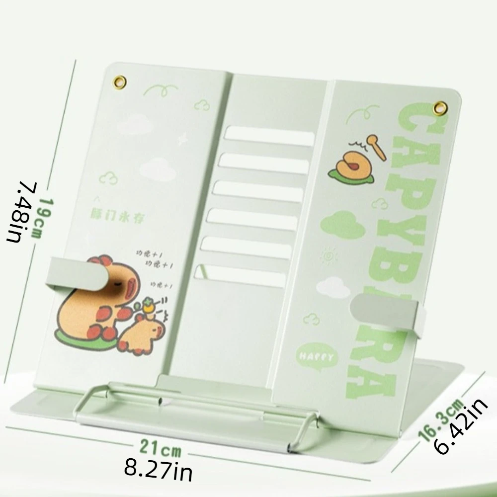 Foldable Metal Book Reading Stand Multi Heights Angles Cartoon Capybara Adjustable Documents Holder Page Paper Clips Cute