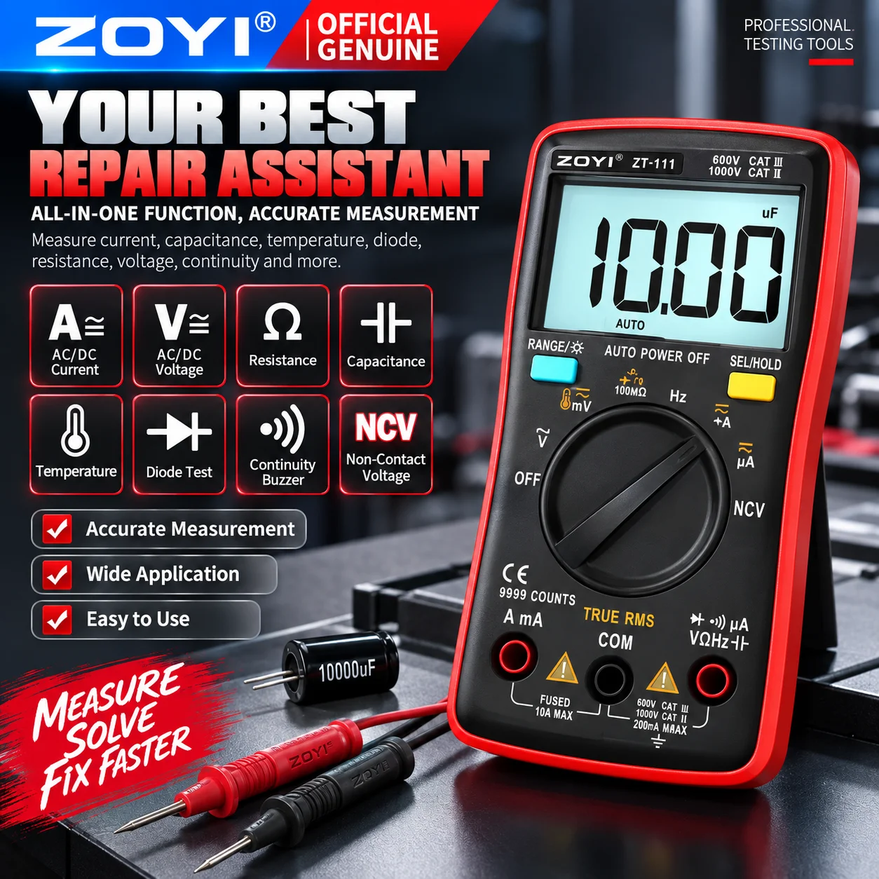 ZOYI ZT-111 Anti-Burn Digital High Precision Multimeter Auto Range Digital Display Resistance Capacitance Diode NCV