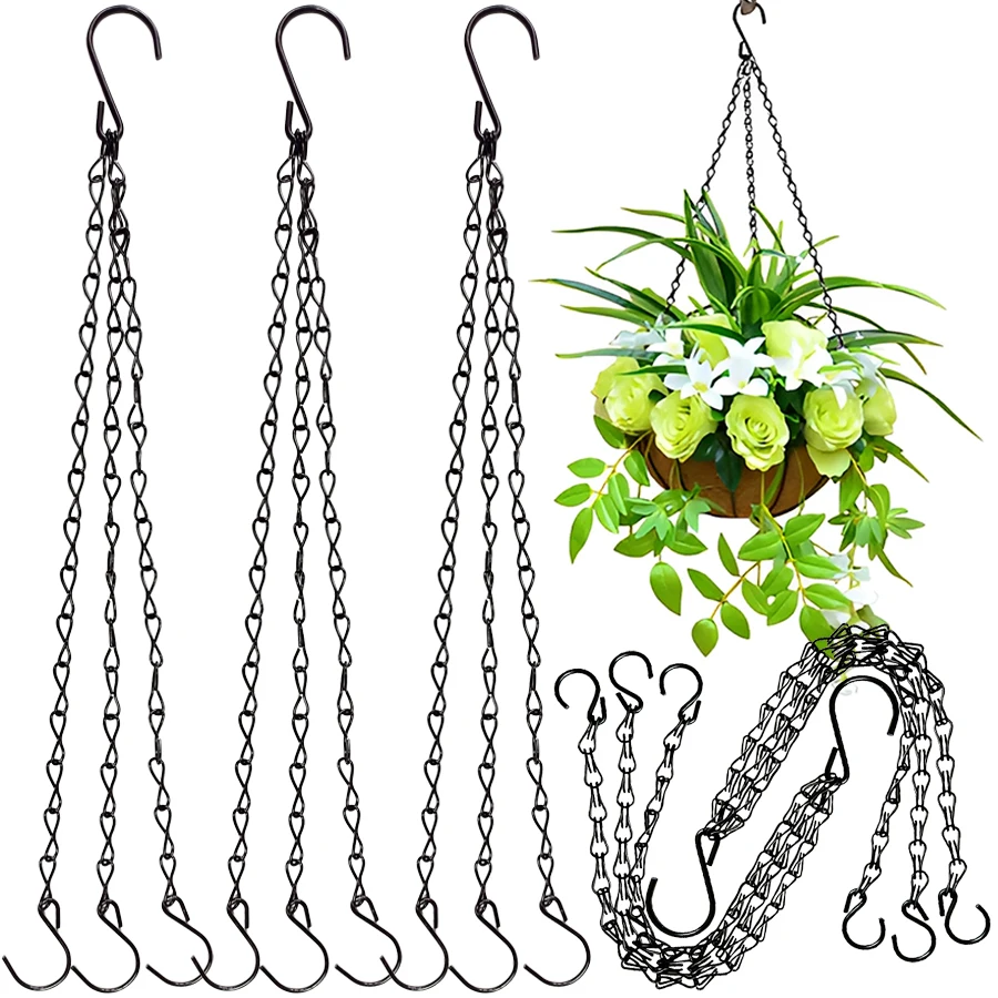 3pcs 40cm Black Metal Hanging Basket Chain Hooks Hanger Replacement Chain for Flower Pot Basket Garden Balcony Accessories