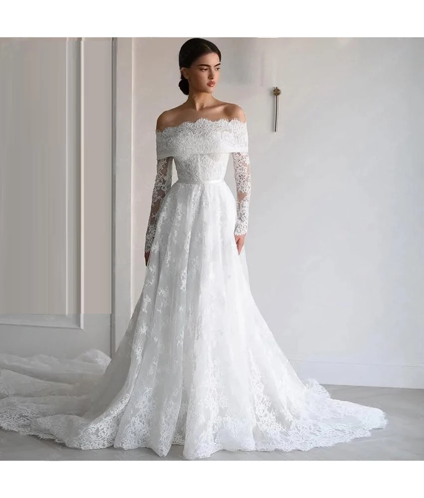 

Изысканное кружевное вечернее платье MCDV А-силуэта с открытыми плечами, вырезом-лодочкой и длинными рукавами, женское свадебное платье