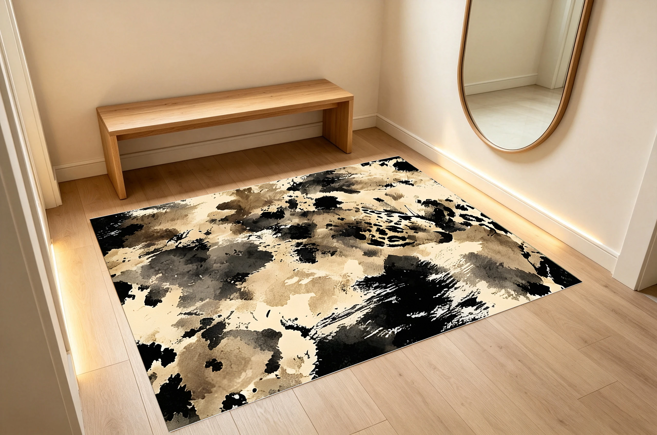 2D Large Rug in Brown, Milky Black, Abstract Ink Splatter, Wabi-Sabi, Soft & Skin-Friendly, for Living Room &