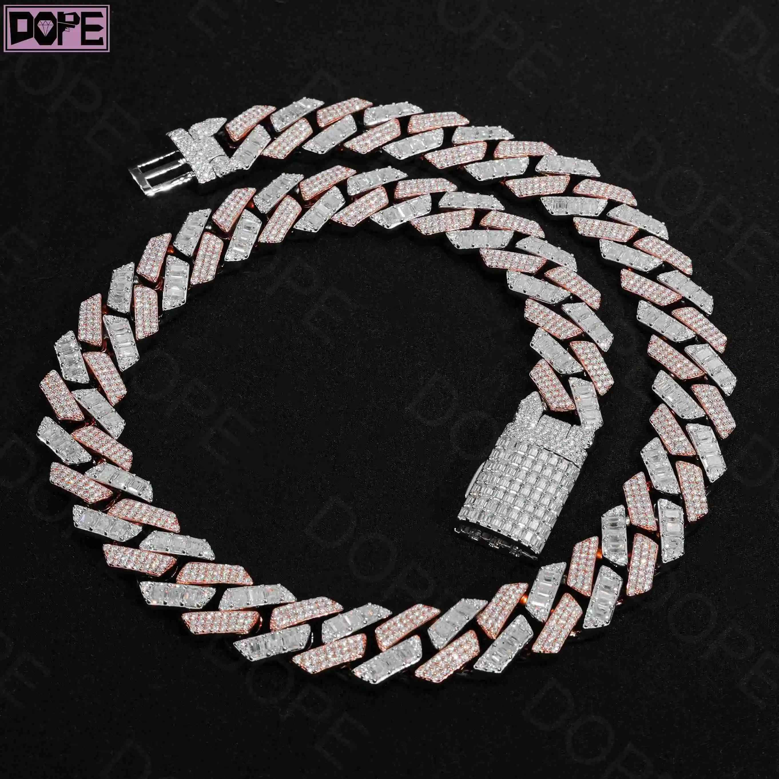 Luxury 18mm Cuban Link Chain Two-Tone Emerald Cut 925 Sterling Silver VVS Moissanite Cuban Chain..
