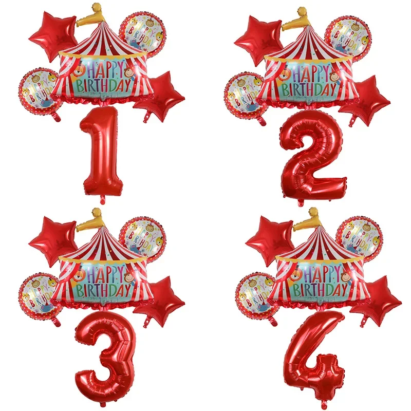 Globos de tienda de cumpleaños con número de lámina de 32 pulgadas con circo rojo, Globos de aire, Fiesta Temática de animales, decoraciones de cumpleaños para niños, juguete para niños