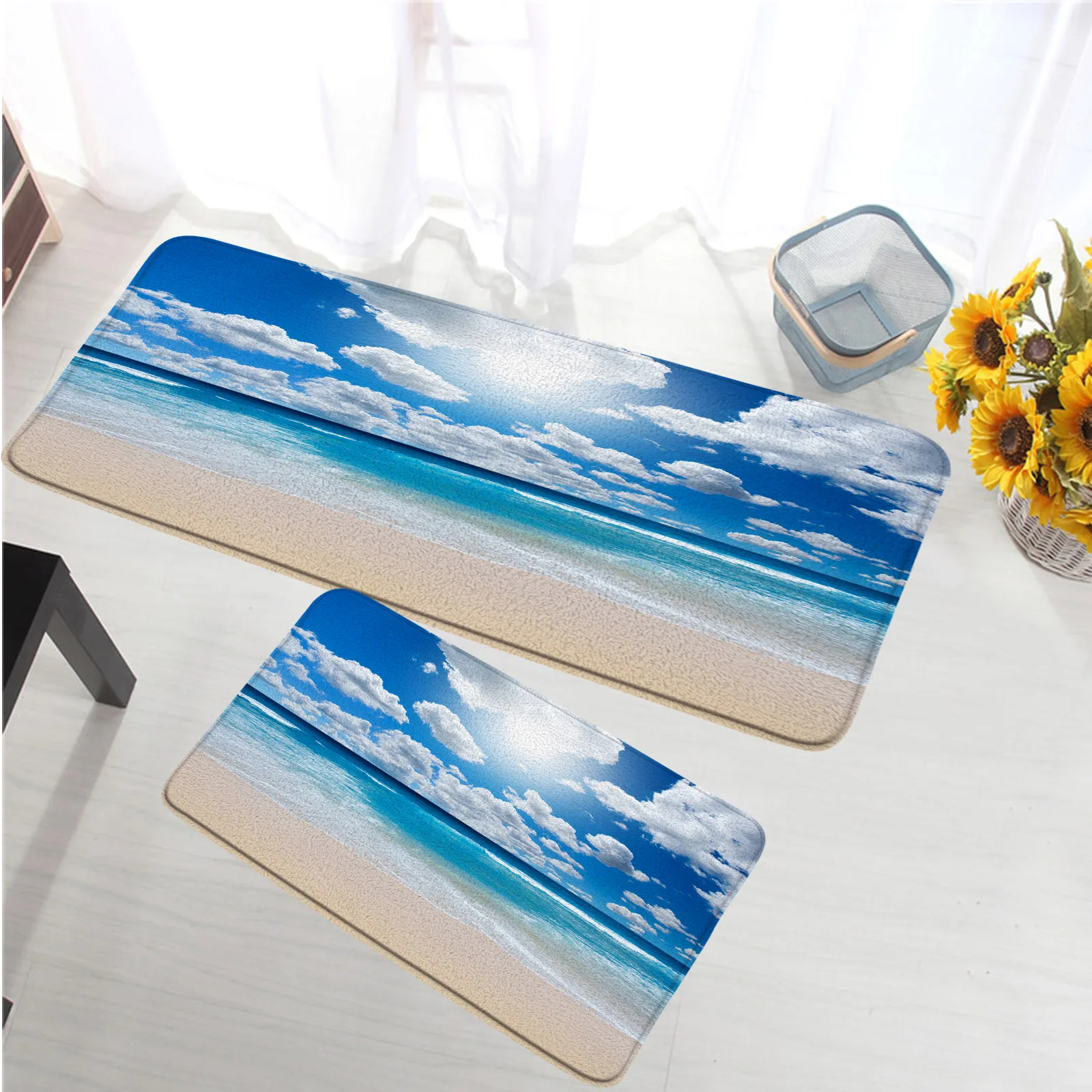 

Beach Sea Scenery Kitchen Bath Mats Ocean Landscape Anti Slip Entrance Doormat Floor Rug Flannel Long Carpet Bathroom Decor Sets