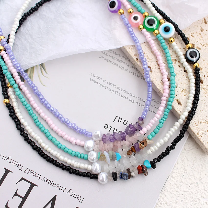 Pearl Beads  Necklace Korean Fashion Boho Evil Eyes Natural Stone Summer Colourful Handmade Neck Choker Girls Party Jewelry Gift