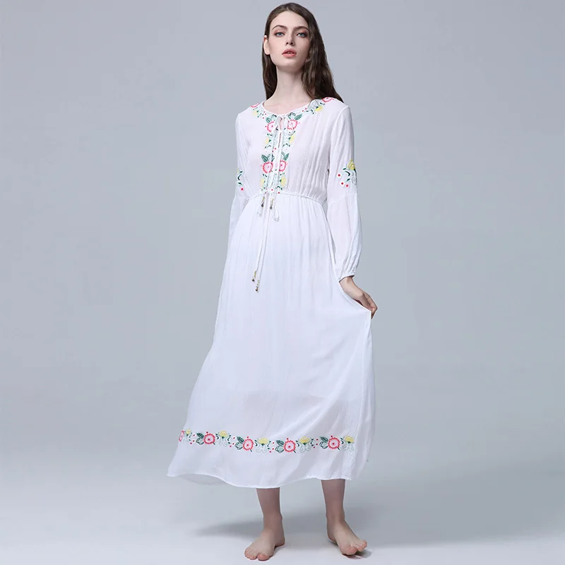 

Boho floral embroidery drawstring waist white holiday dress