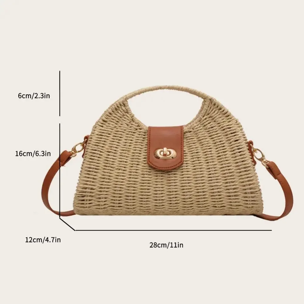 Summer Vacation Beach Bag For Women Khaki Straw Bag Rattan Handmade Designer Hobo Purse Lady\'s Big Round Handle Clutch Bag