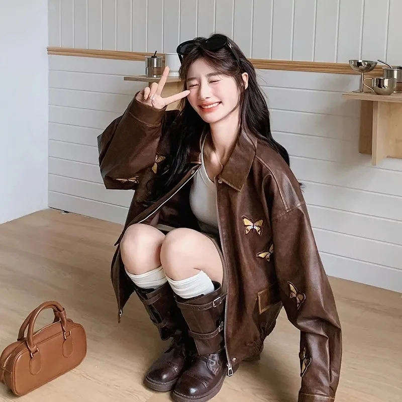 한국 여성 자수 인조 가죽 탑 코트 가을 여성 나비 PU 가죽 재킷 2025 여성 긴팔 가죽 아우터