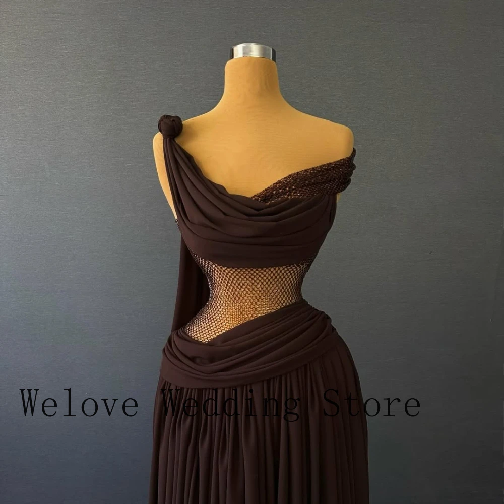 2026 Chocolate Brown One-Shoulder Gown – Sheer Mesh Waist Draped Trailing Formal Maxi Dress for Prom, Gala & Wedding Events