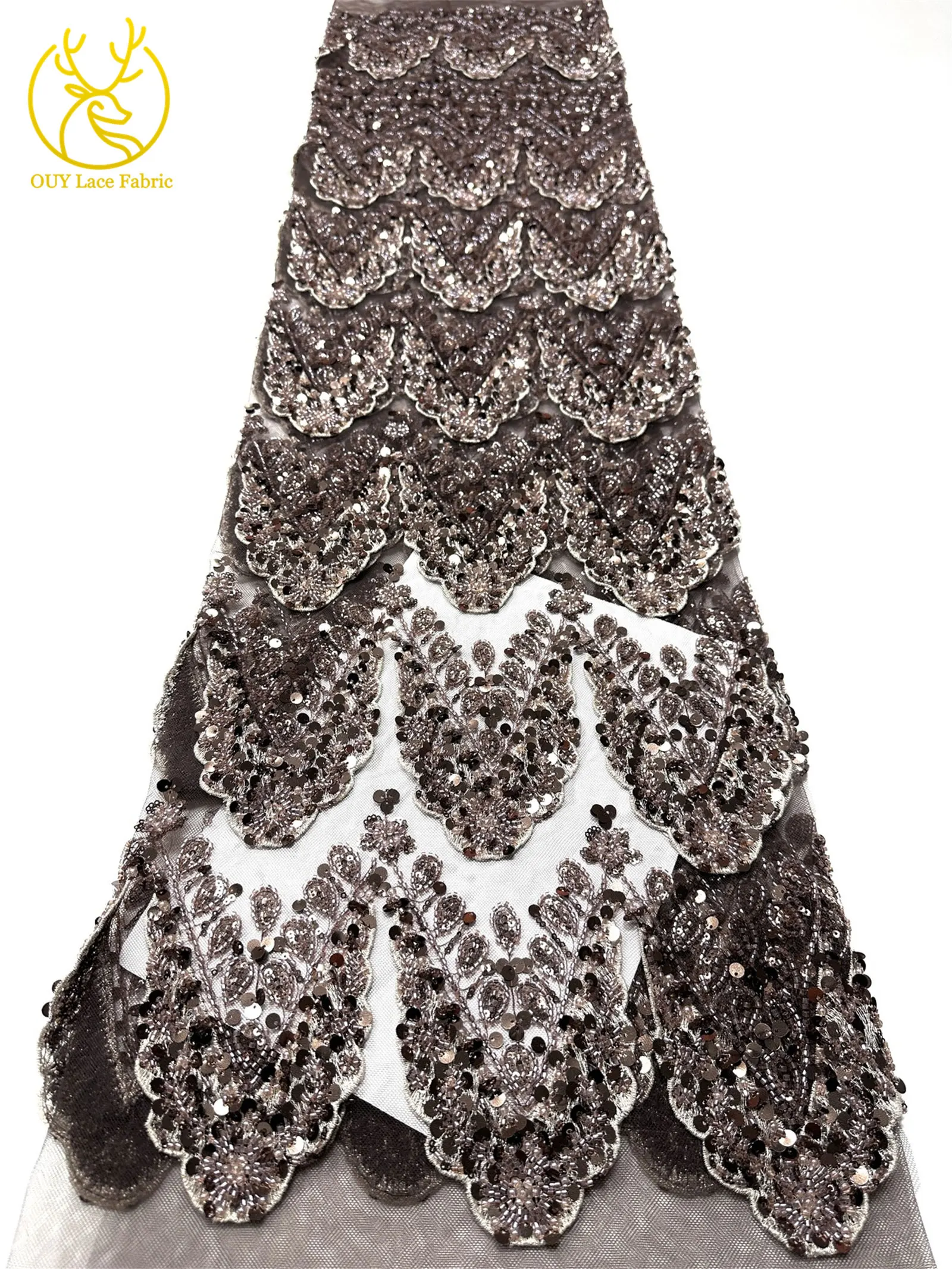 Hochwertiger luxuriöser französischer 3D-handbestickter Perlen-Spitzenstoff, 5 Yards, afrikanischer nigerianischer Pailletten-Spitzenstoff für Braut- und Partykleider – Detail 27